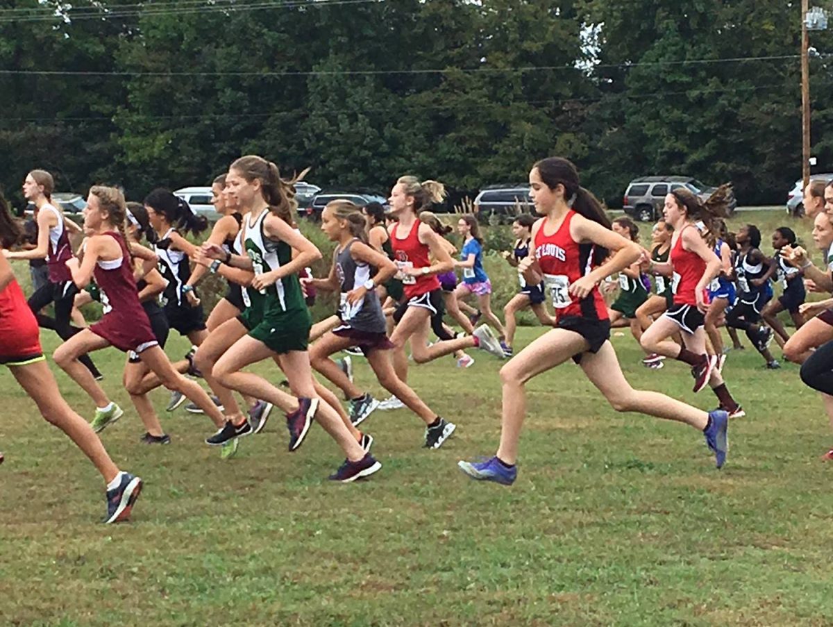 Cardinal Post: Girls Cross Country runners at Shelby Farms during a meet. Athletics Memphis Catholic School