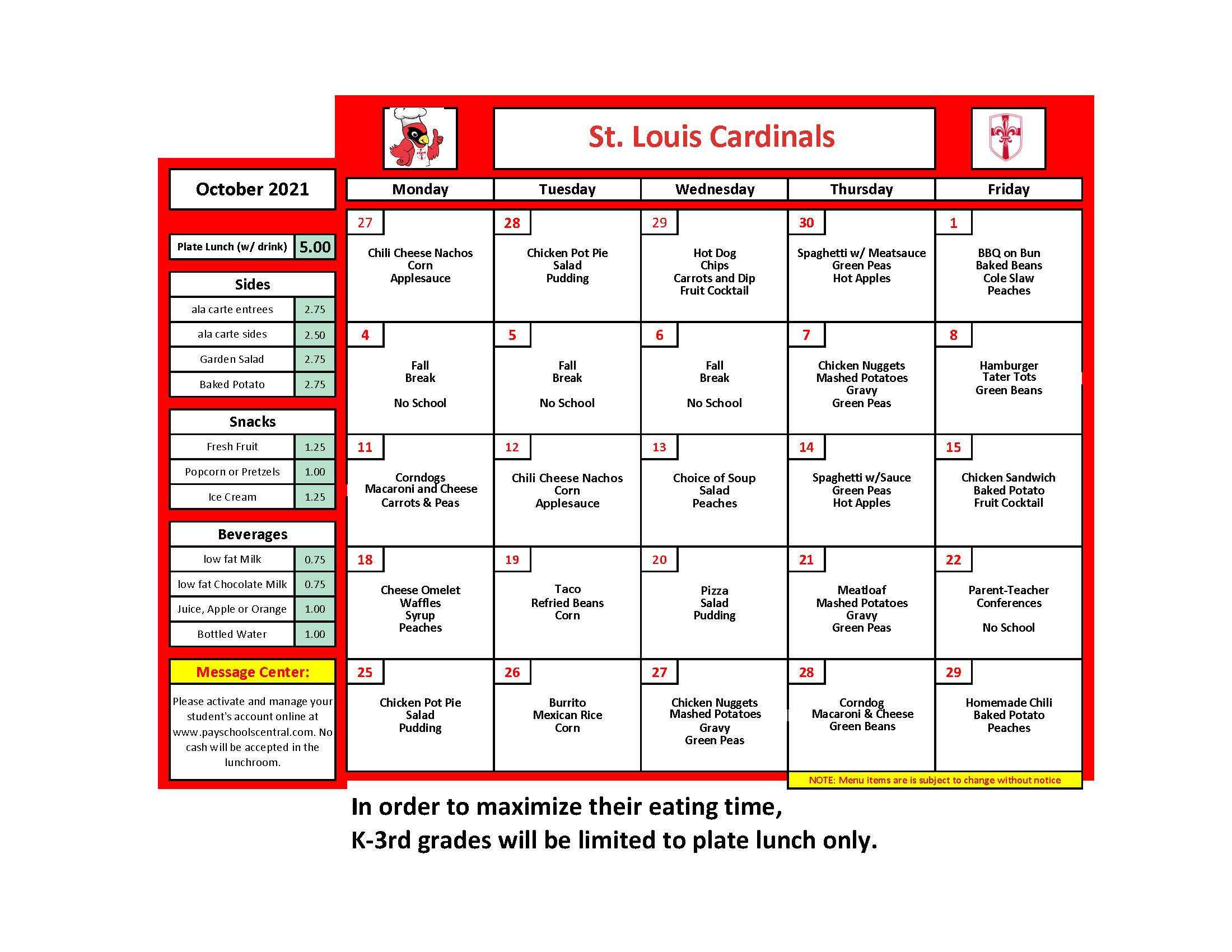 St Louis School Lunch Menu October